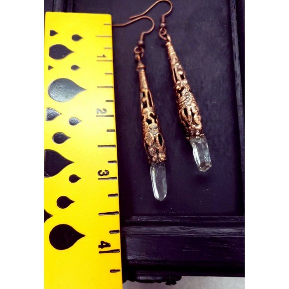 Copper plated filigree quartz crystal earrings handmade gothic style jewelry - Picture 11 of 12